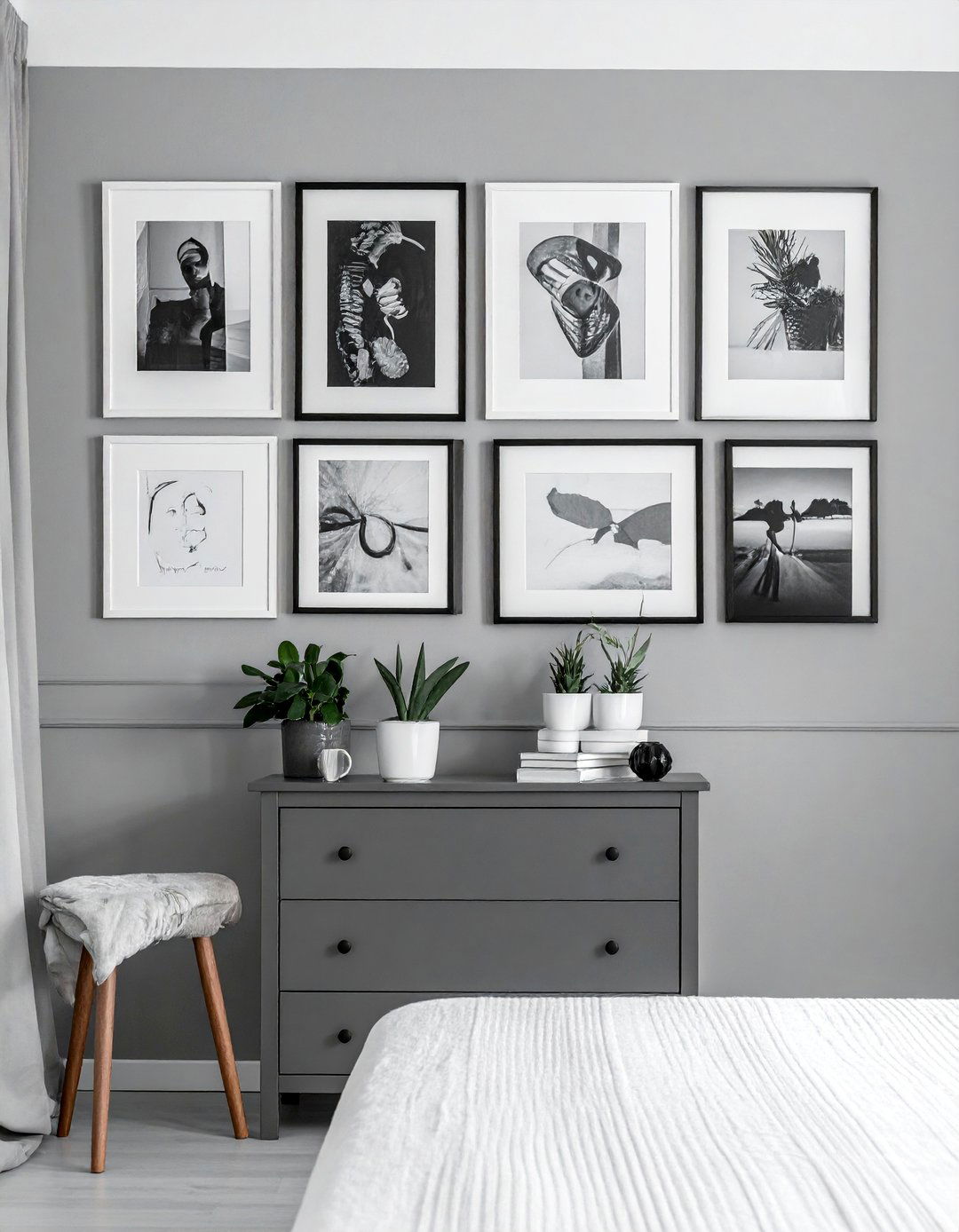 Grey and White Gallery Wall - 40 Grey and White Bedroom Ideas for a Serene Retreat