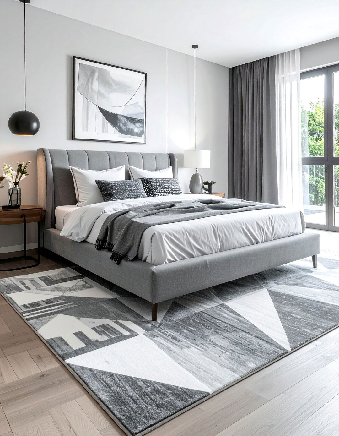 Grey and White Geometric Patterned Rug - 40 Grey and White Bedroom Ideas for a Serene Retreat