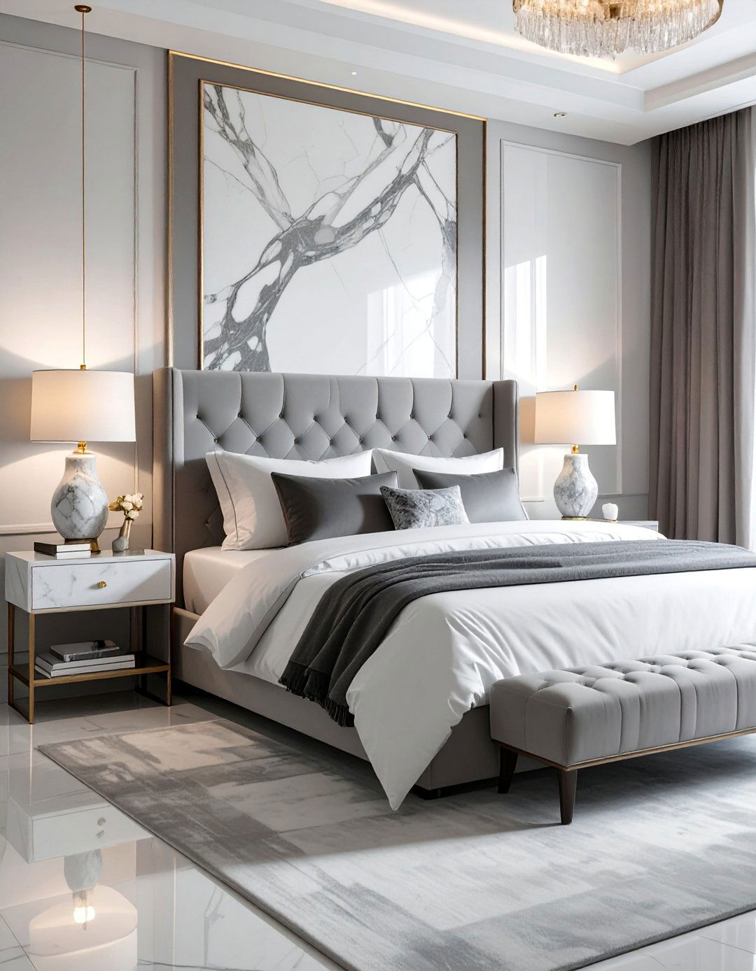 Grey and White Marble Accents - 40 Grey and White Bedroom Ideas for a Serene Retreat