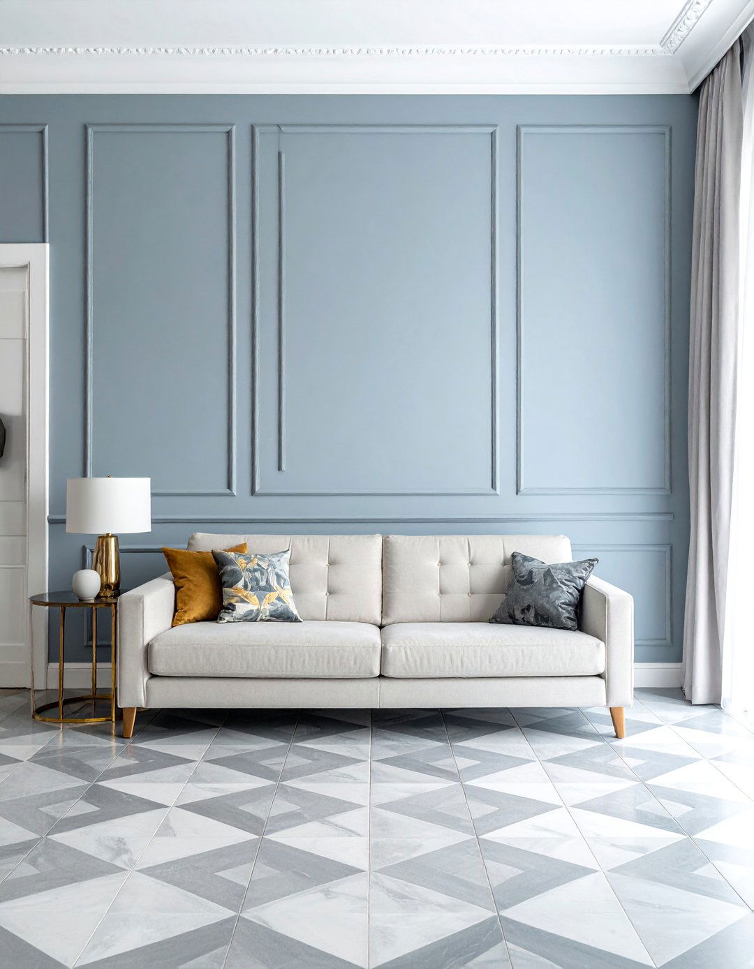 Grey and White Patterned Tile with Dusty Blue Walls - 20 Grey Floor Living Room With Blue Walls Ideas