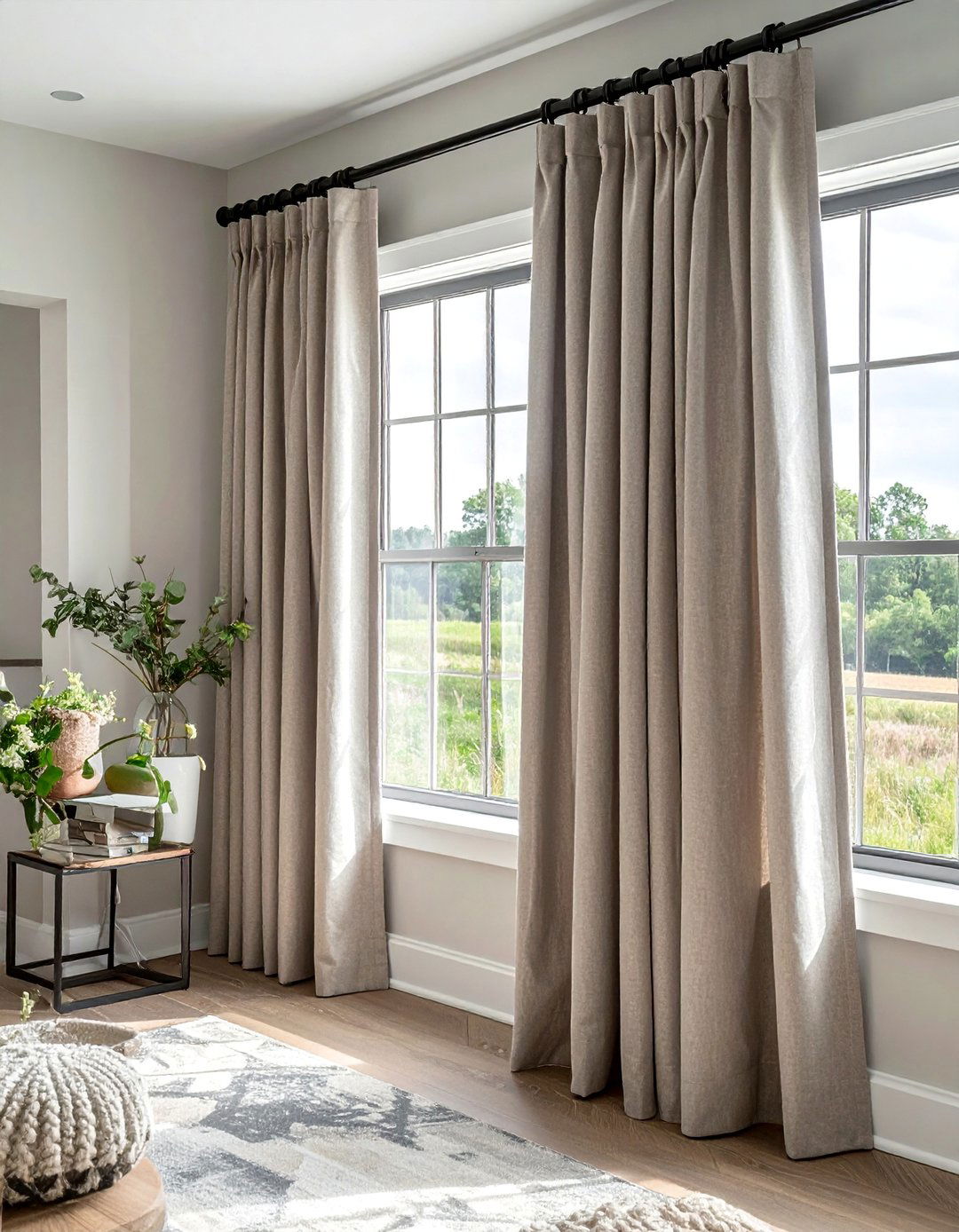 Grommet Top Curtains in a Neutral Fabric - 40 Farmhouse Window Treatment Ideas for a Cozy Home