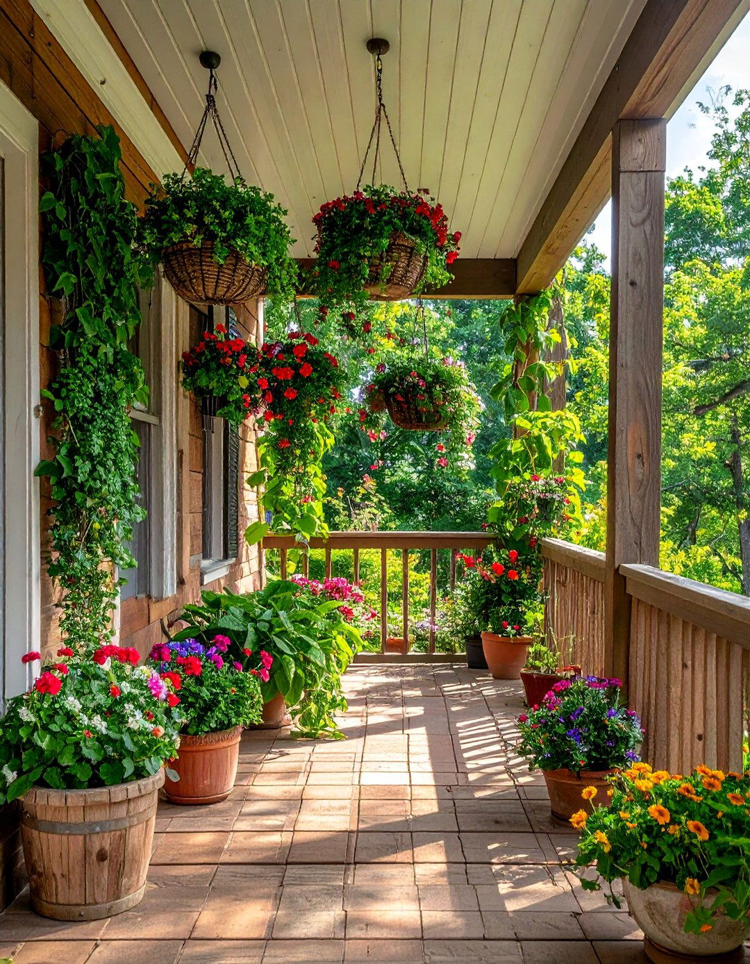 Hanging Basket Garden Oasis - 30 Rustic Porch Ideas to Enhance Your Outdoor Space