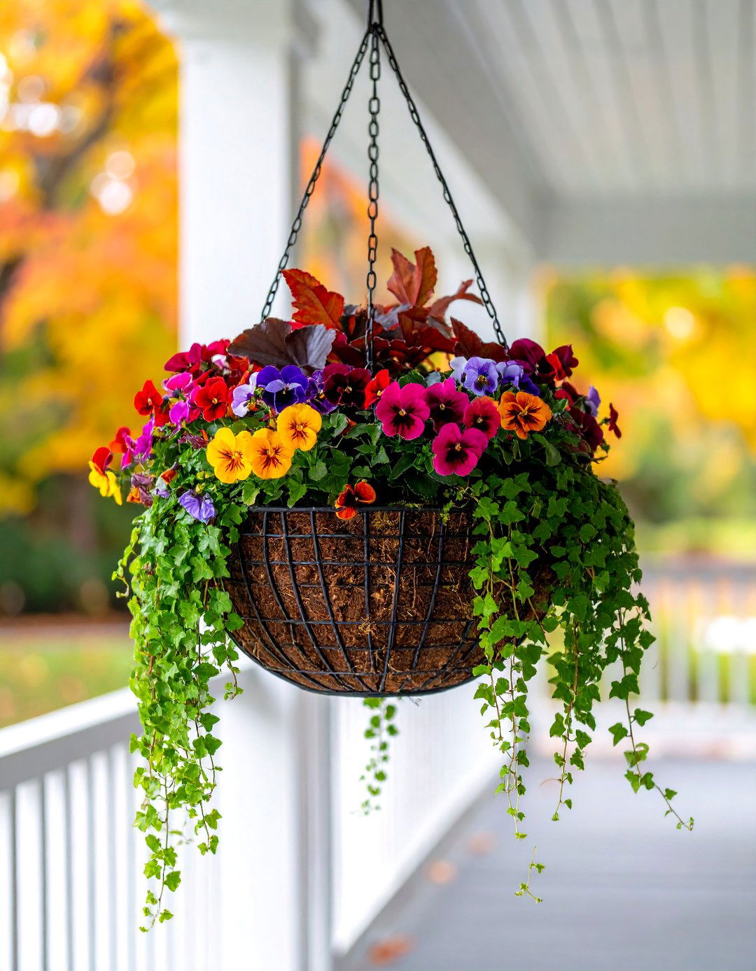 Hanging Basket with Ivy and Viola Fall Planter - 40 Fall Planter Ideas to Add Seasonal Charm
