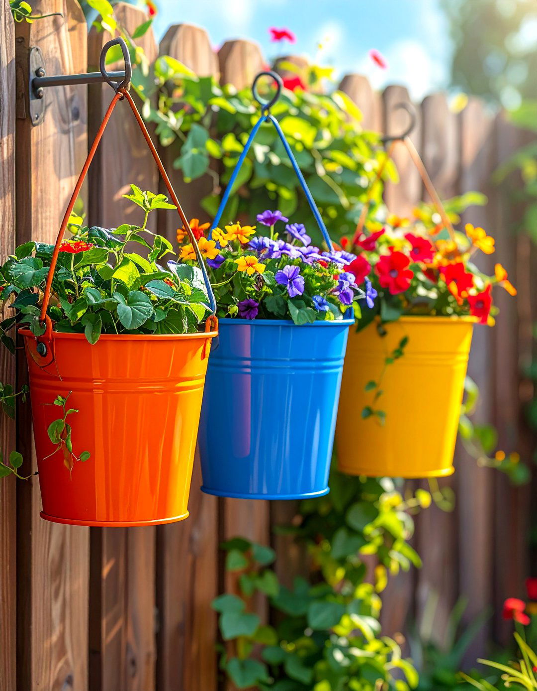 Hanging Bucket Garden on a Fence - 20 Bucket Garden Ideas for Creative Small Spaces