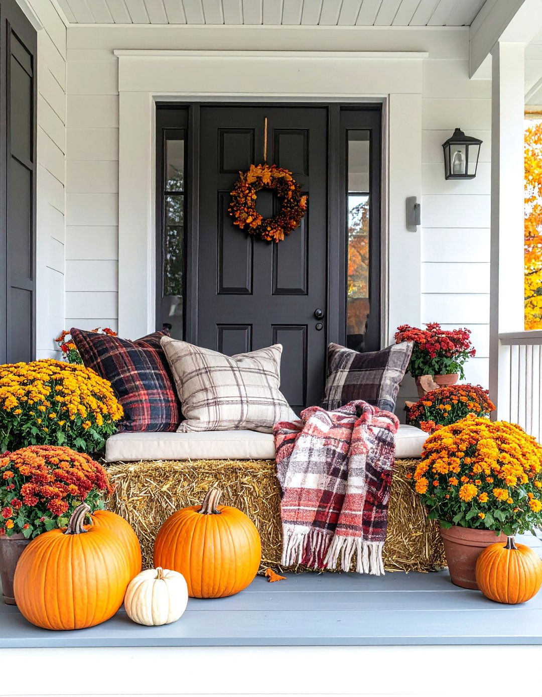 Hay Bale Seating Area - 30 Front Door Fall Decor Ideas to Welcome the Season