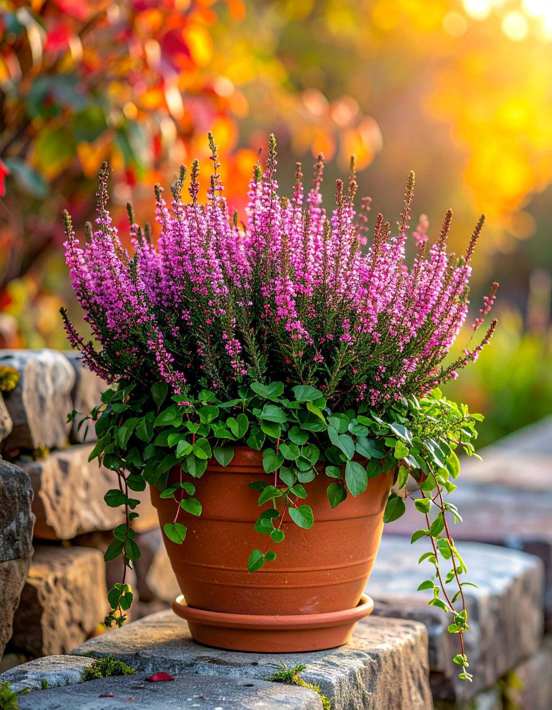 Heather and Trailing Vinca Vine Fall Planter - 40 Fall Planter Ideas to Add Seasonal Charm