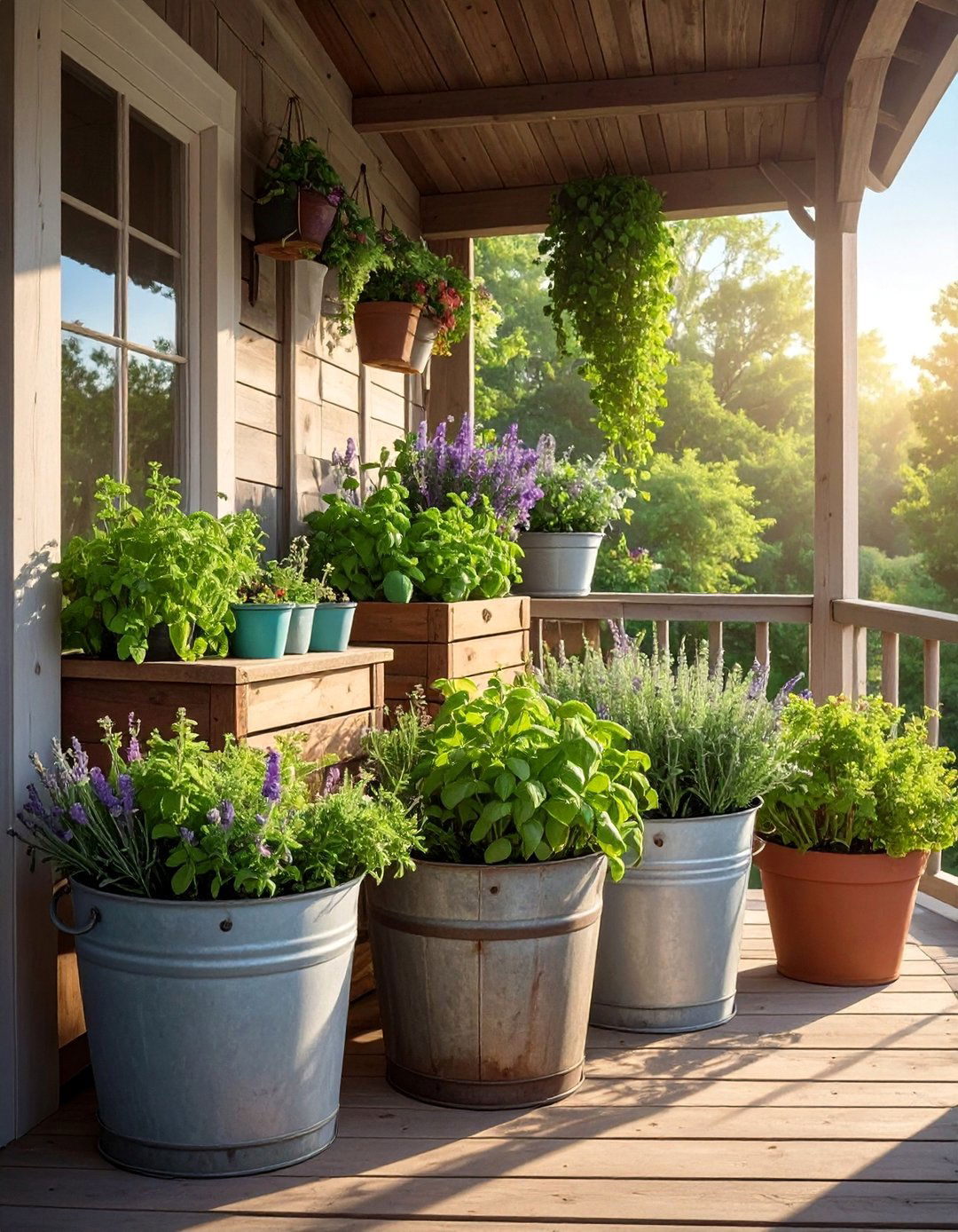 Herb Garden Container Collection - 30 Rustic Porch Ideas to Enhance Your Outdoor Space