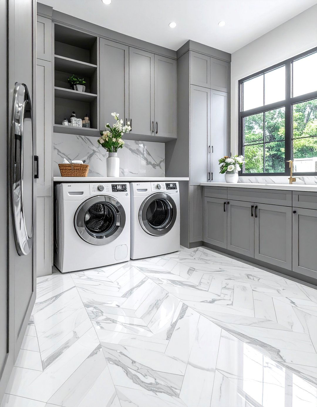 Herringbone Patterned Tile Flooring - 30 Luxury Modern Laundry Room Ideas for Stylish Homes