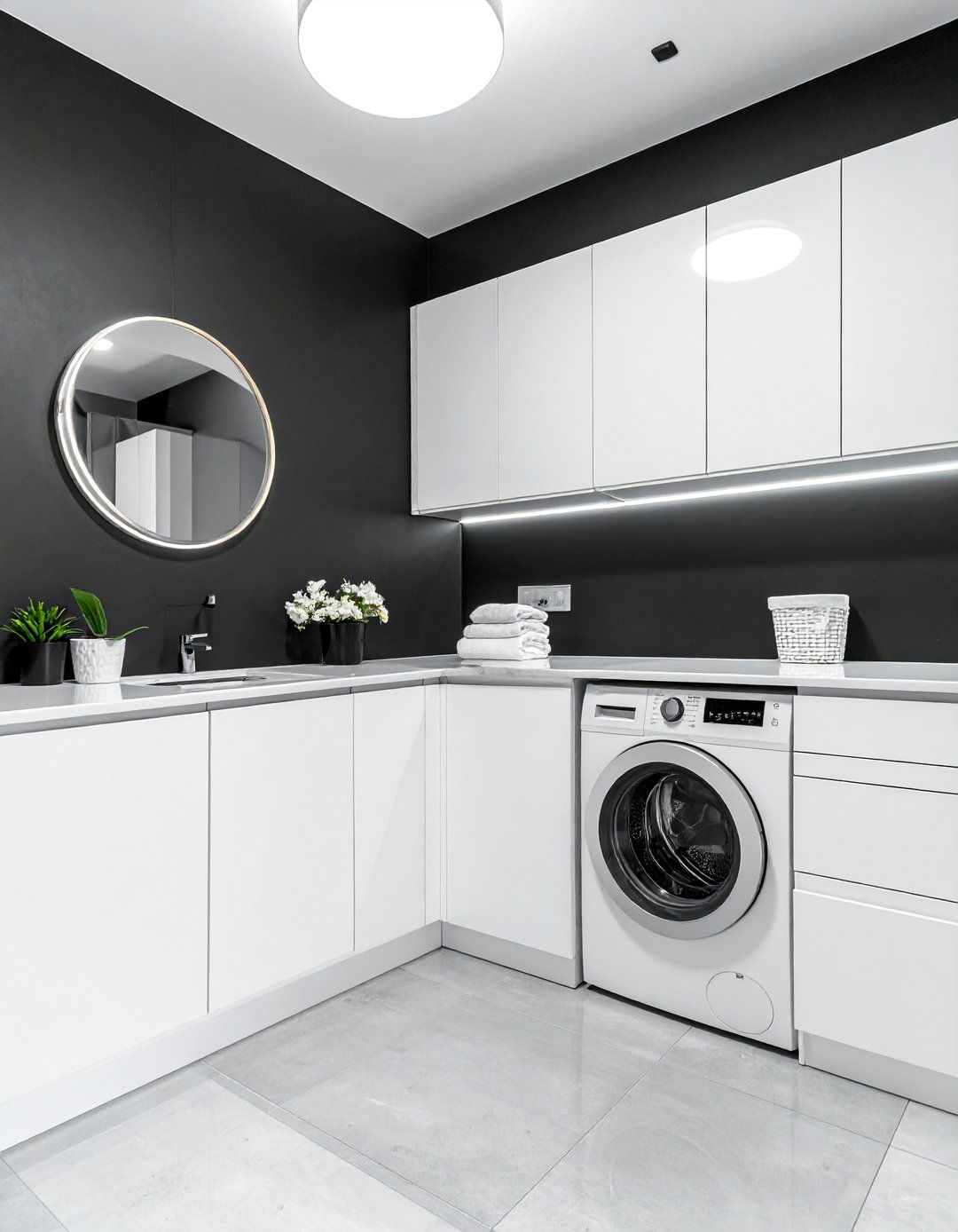 High Contrast Black and White Laundry Room with Black Walls - 15 Black and White Laundry Room Ideas for Elegance