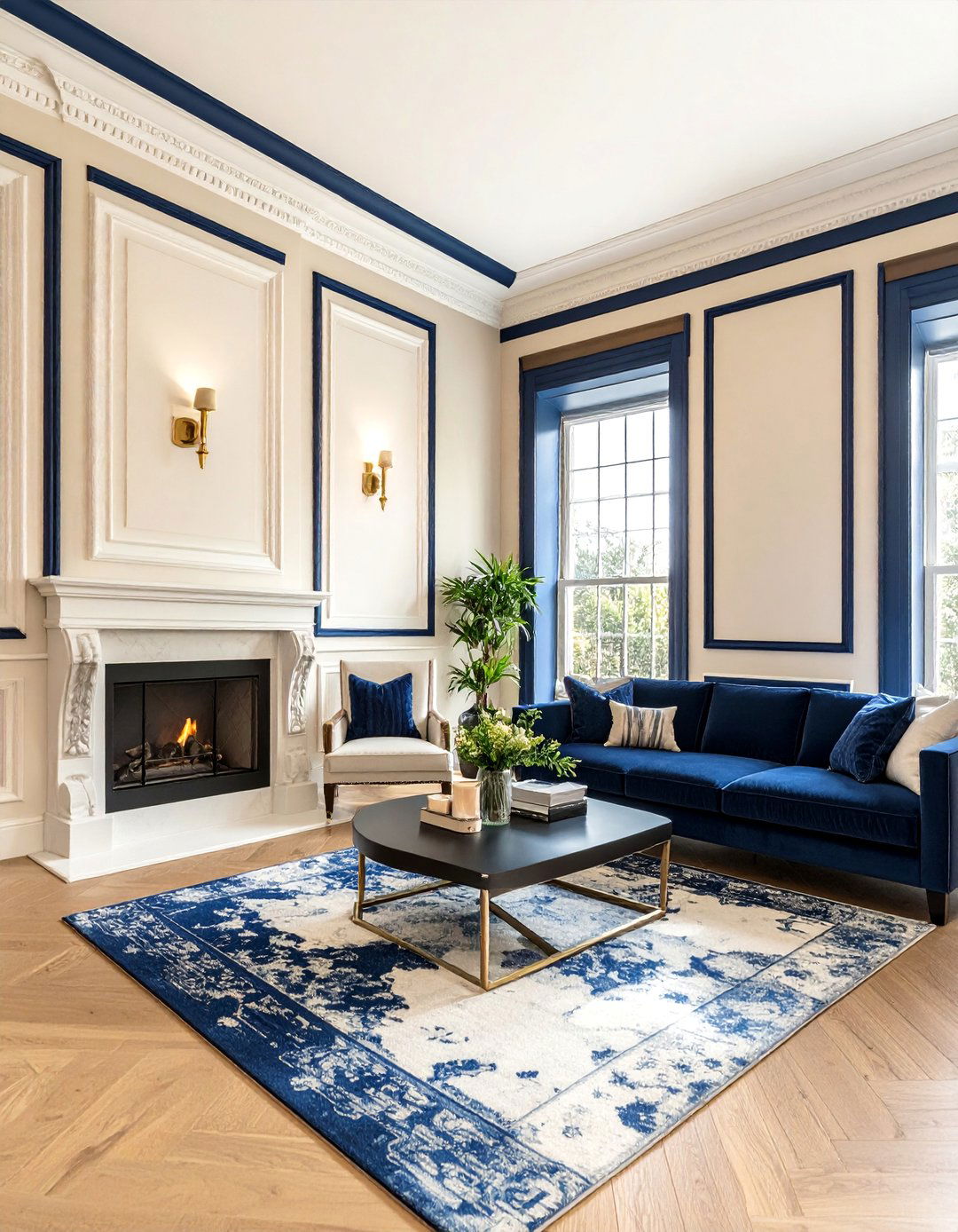 High Contrast Navy Trim on Cream Walls - 25 Navy and Cream Living Room Ideas for Timeless Elegance