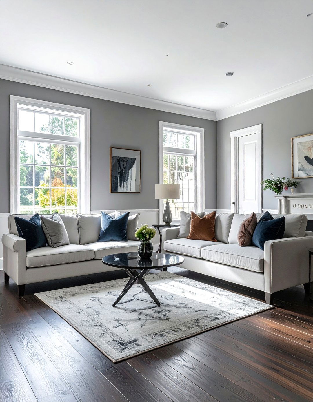 High Contrast White Trim and Moldings - 20 Grey Living Room With Dark Wood Floors Ideas