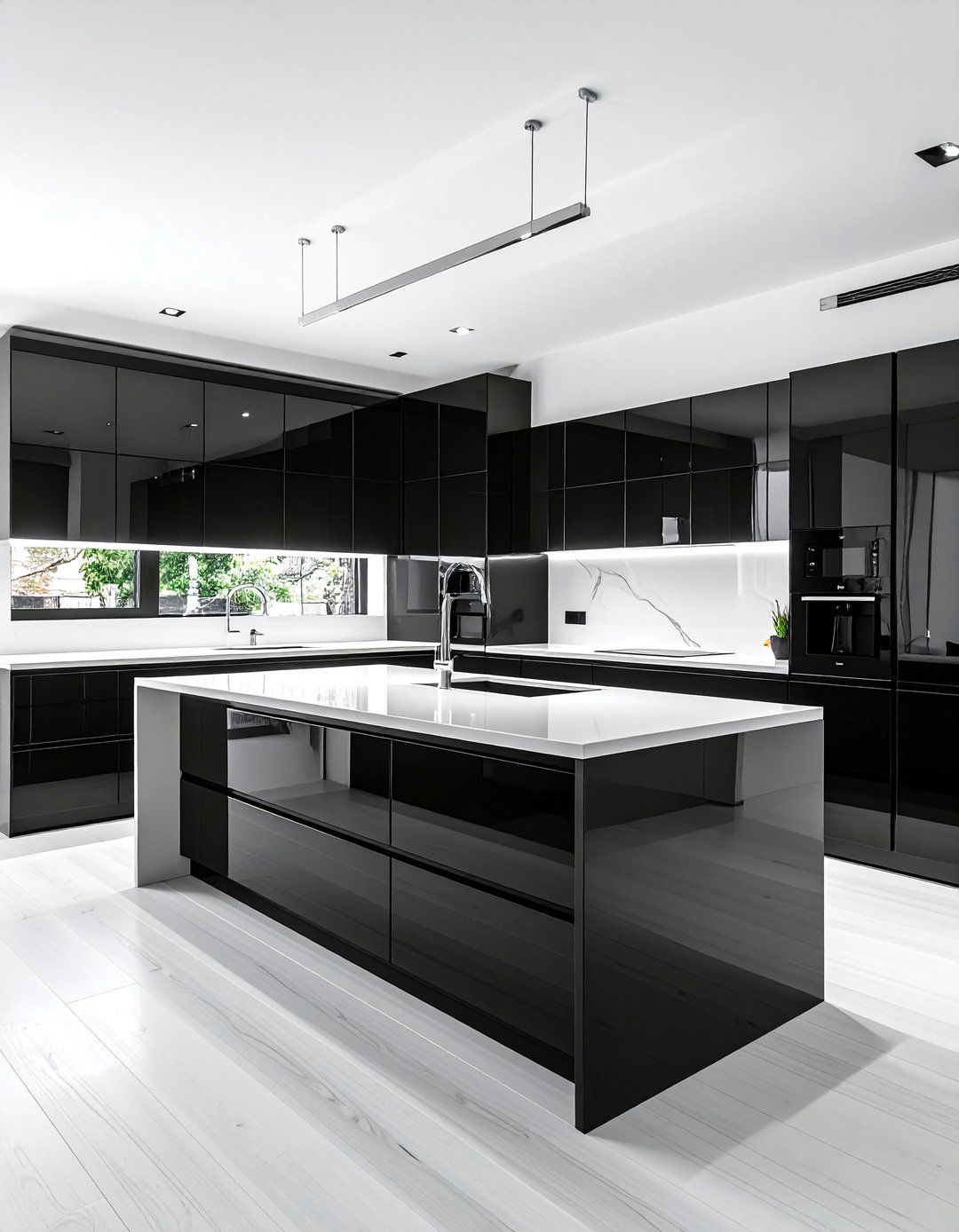 High Gloss Black Cabinets in a Black and White Kitchen - 40 Black and White Kitchen Ideas for a Classic and Chic Space