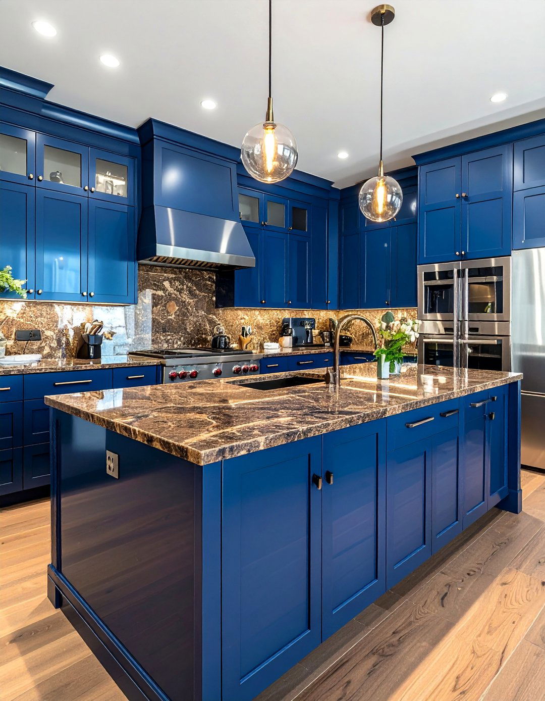High Gloss Blue Cabinets With Veined Brown Granite - 20 Blue Kitchen Cabinets With Brown Granite Countertops Ideas