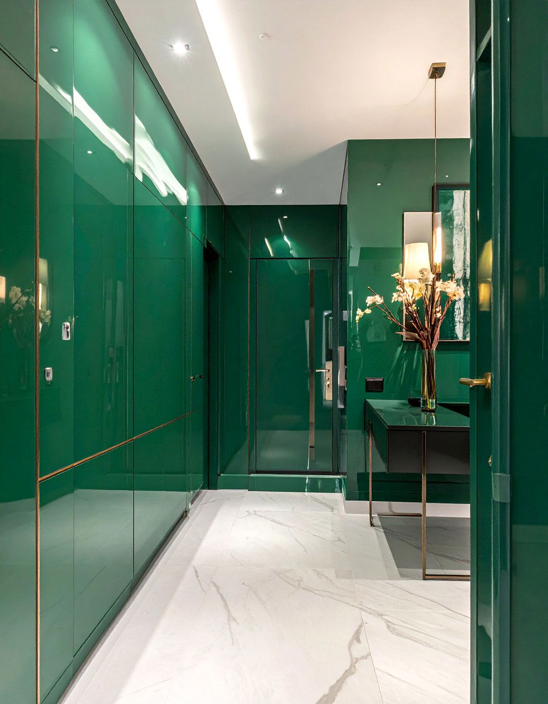 High Gloss Green Hallway for a Lacquered Finish - 20 Green Hallway Ideas for a Fresh and Inviting Space
