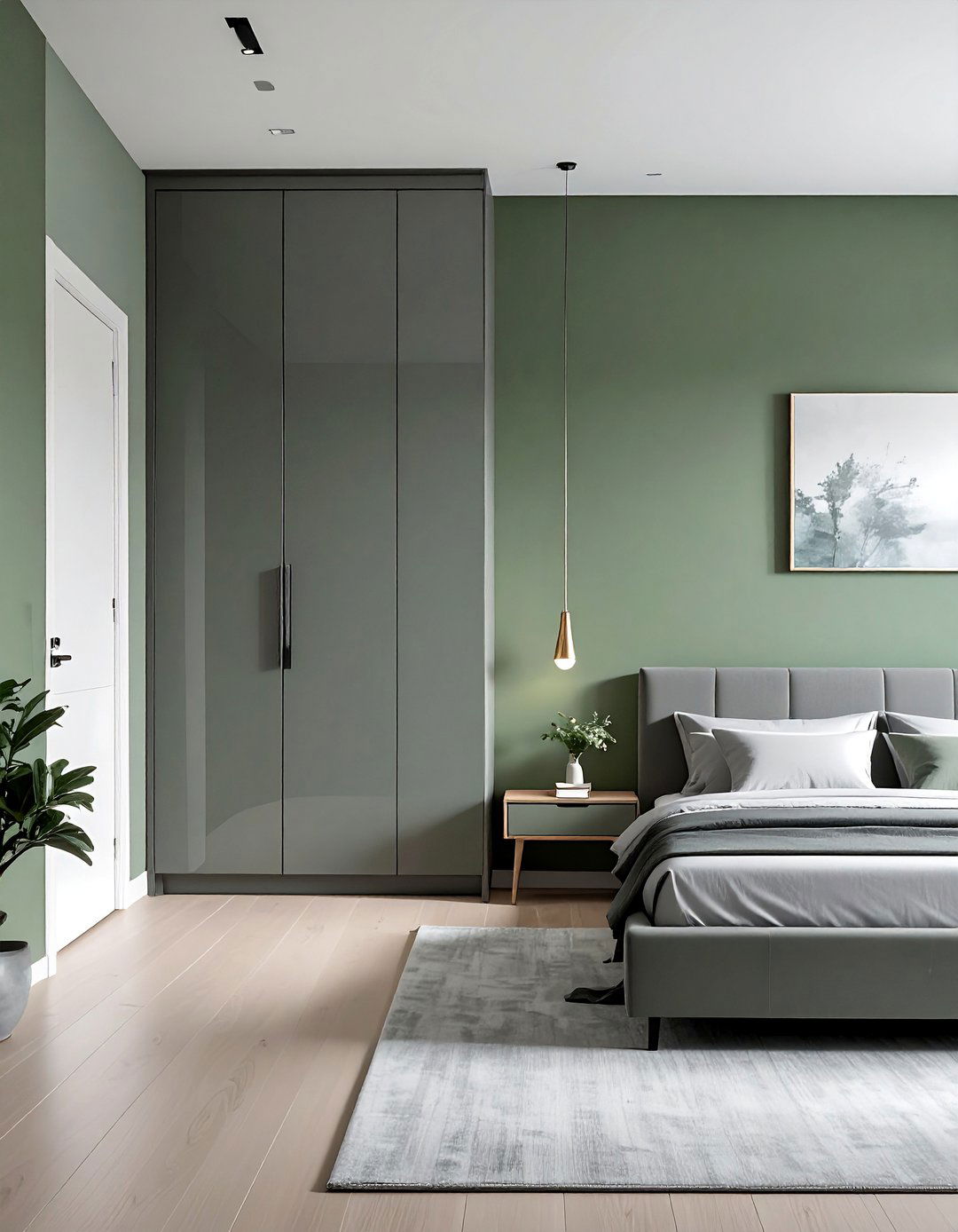 High Gloss Grey Wardrobes with Matte Sage Green Walls - 25 Sage Green and Grey Bedroom Ideas for a Relaxing Retreat