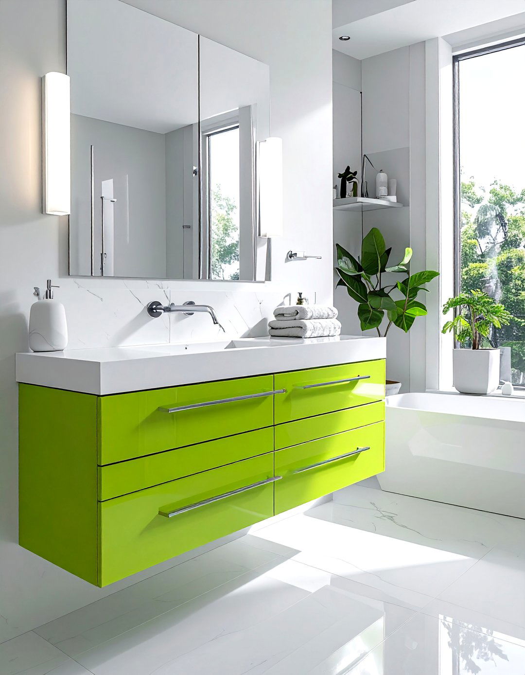 High Gloss Lacquered Lime Green Vanity - 15 Gorgeous Bathroom Designs Featuring Green Vanities