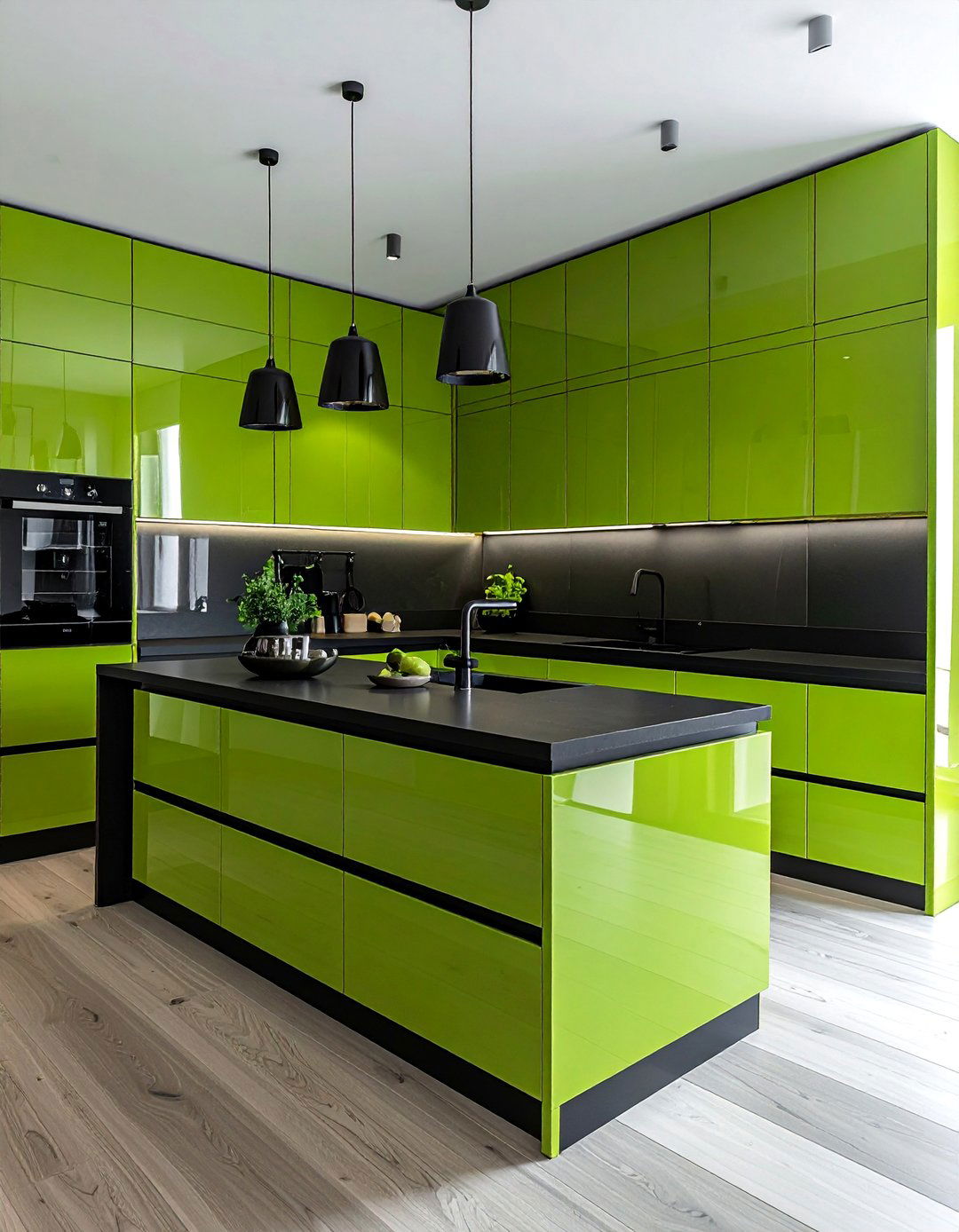 High Gloss Lime Green Cabinets with a Solid Black Countertop