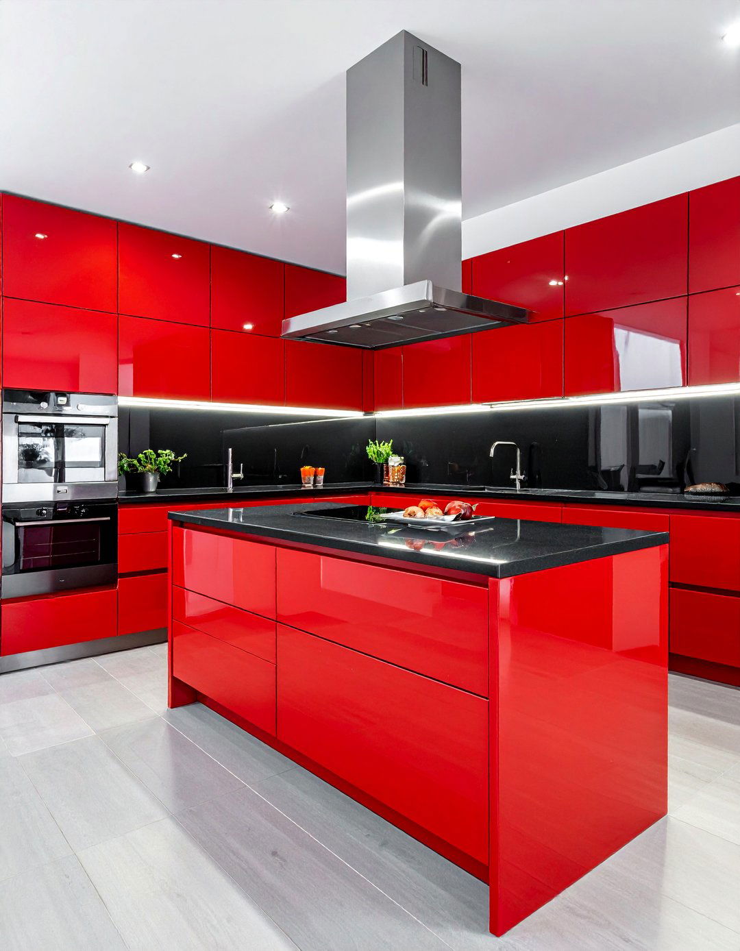 High Gloss Red Cabinets with Black Countertops - 25 Red and Black Kitchen Ideas for a Dramatic Flair