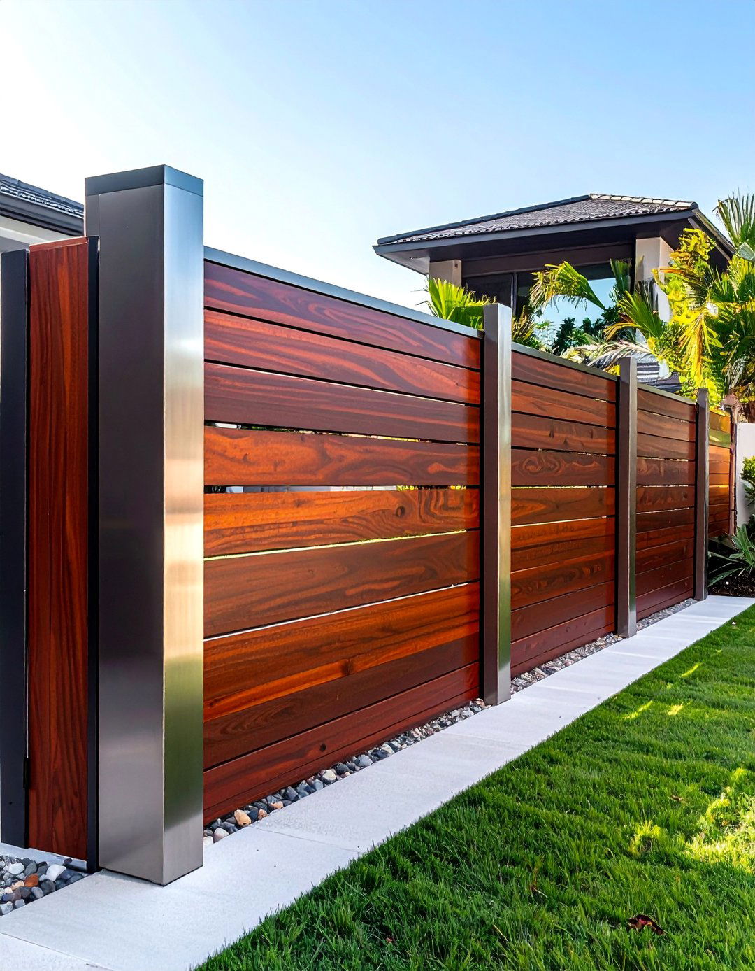 Horizontal Ipe Wood and Aluminum Fence - 25 Metal and Wood Fence Ideas for Your Outdoor Space