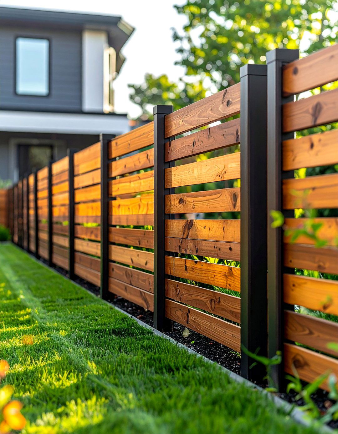 Horizontal Wood Slats and Steel Posts Fence - 25 Metal and Wood Fence Ideas for Your Outdoor Space