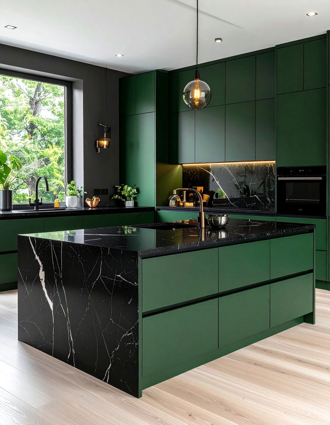 Hunter Green Cabinets with a Black Waterfall Countertop - 20 Green Kitchen Cabinets With Black Countertops Ideas