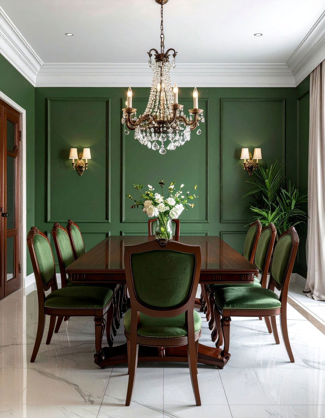 Hunter Green Dining Room with Traditional Furnishings - 40 Green Dining Room Ideas for a Fresh Look