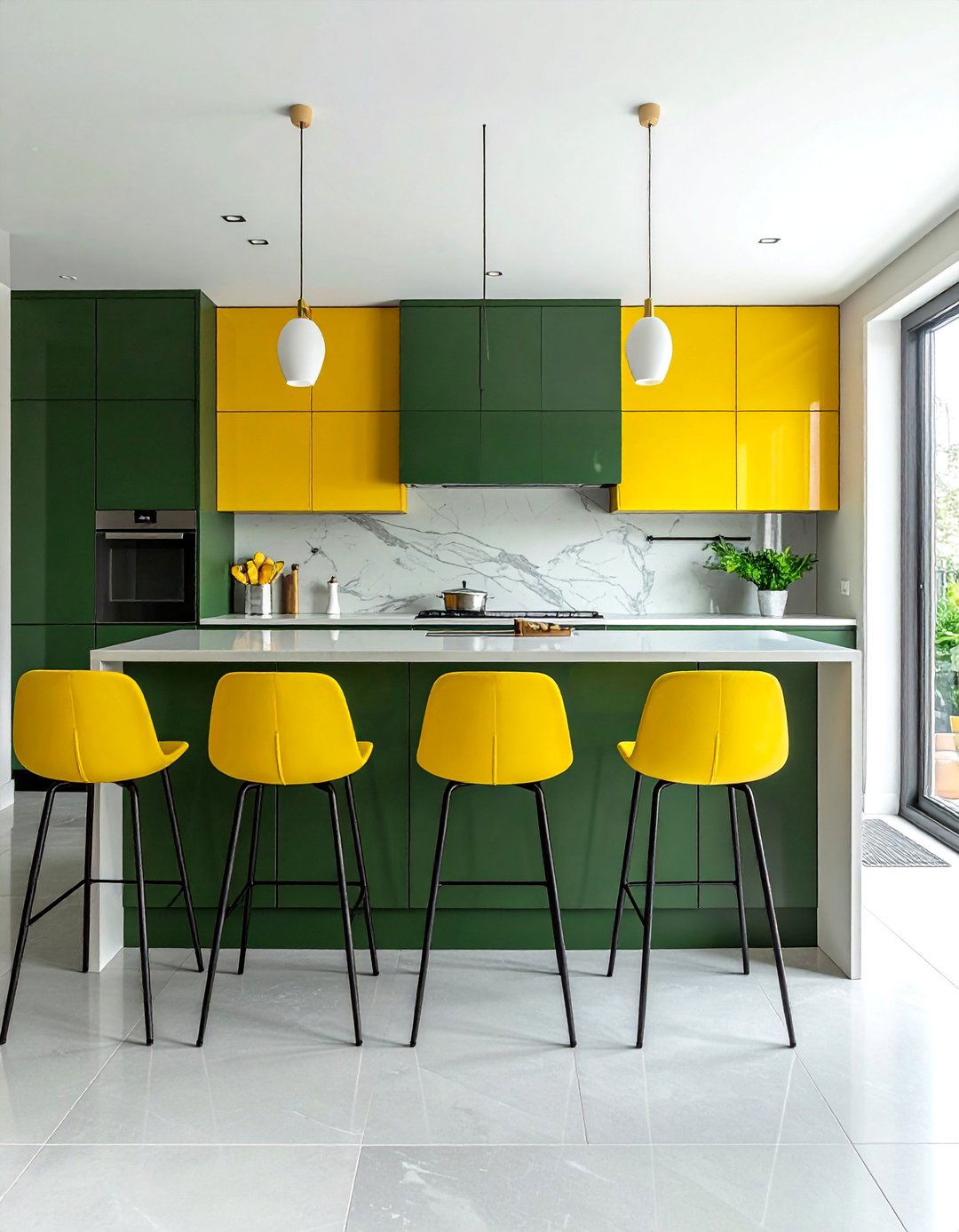 Hunter Green Island with Pale Yellow Bar Stools - 20 Green and Yellow Kitchen Ideas for a Fresh Look