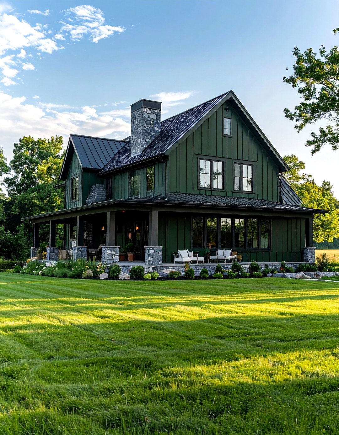 Hunter Green with Muted Gray Stone - 40 Dark Green Exterior Paint Color Schemes for Bold Homes