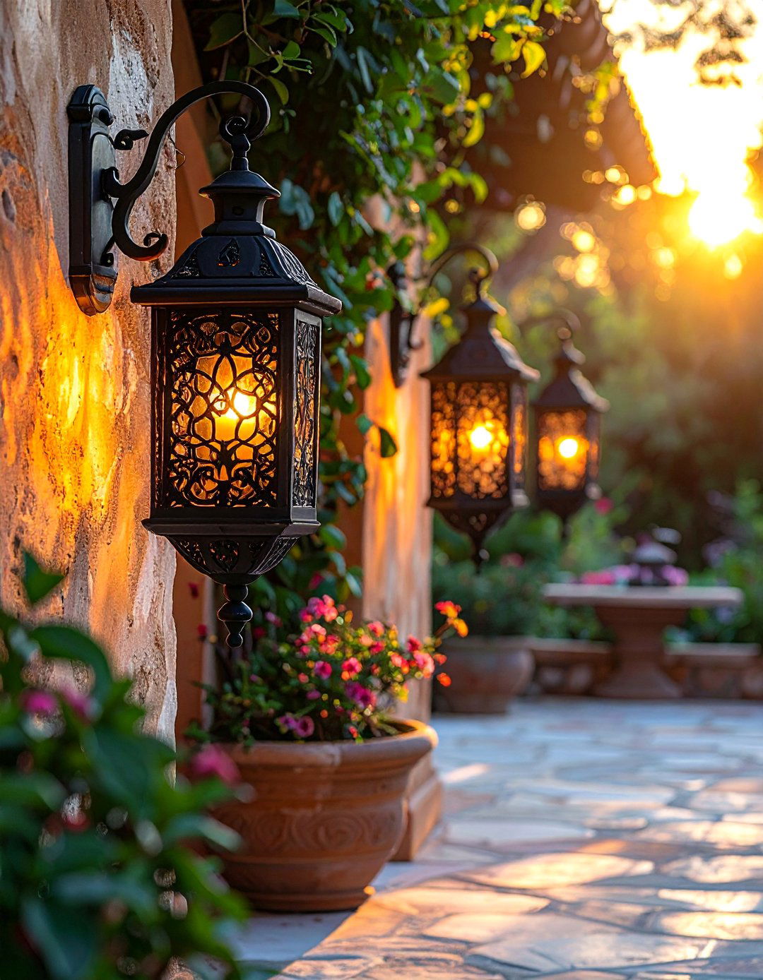 Illuminating a Mediterranean Patio with Wrought Iron Lanterns - 25 Mediterranean Patio Ideas for a Relaxing Outdoor Space