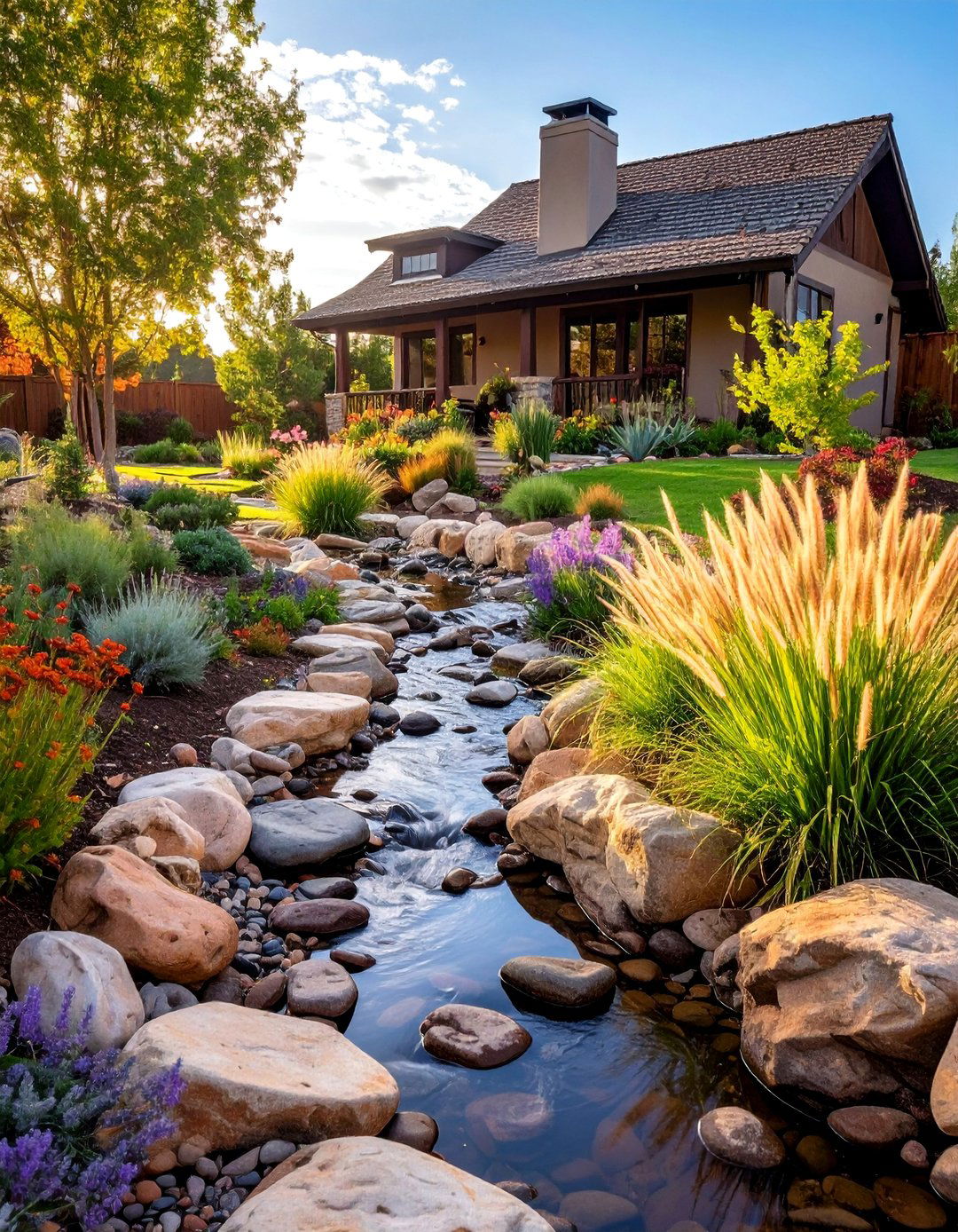 Incorporate a Dry Creek Bed in Your Ranch Home Landscape - 40 Curb Appeal Inspiration Ideas for Ranch Homes