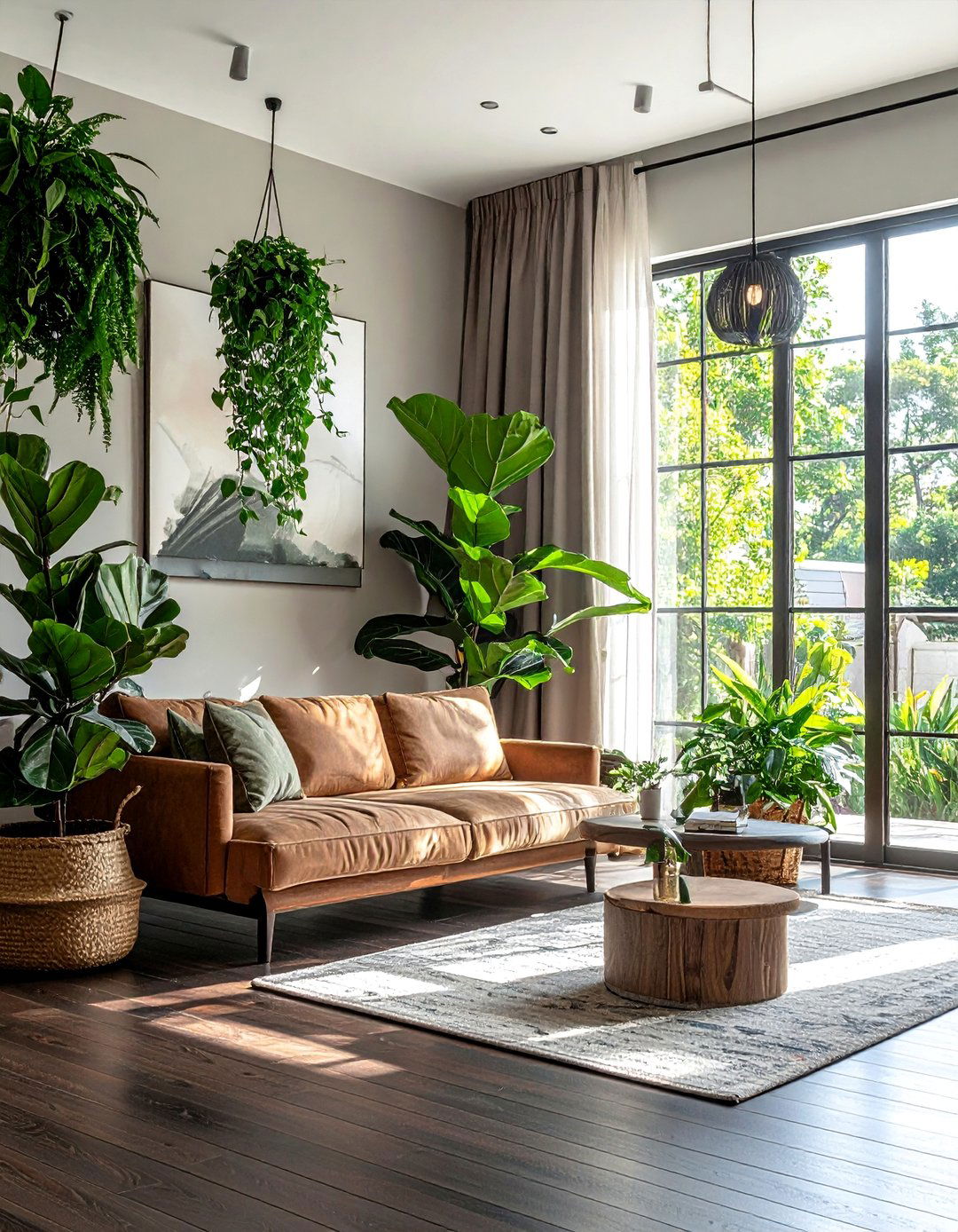 Incorporating Abundant Green Plants and Botanicals - 30 Dark Brown Floor Living Room Ideas for a Warm Ambiance