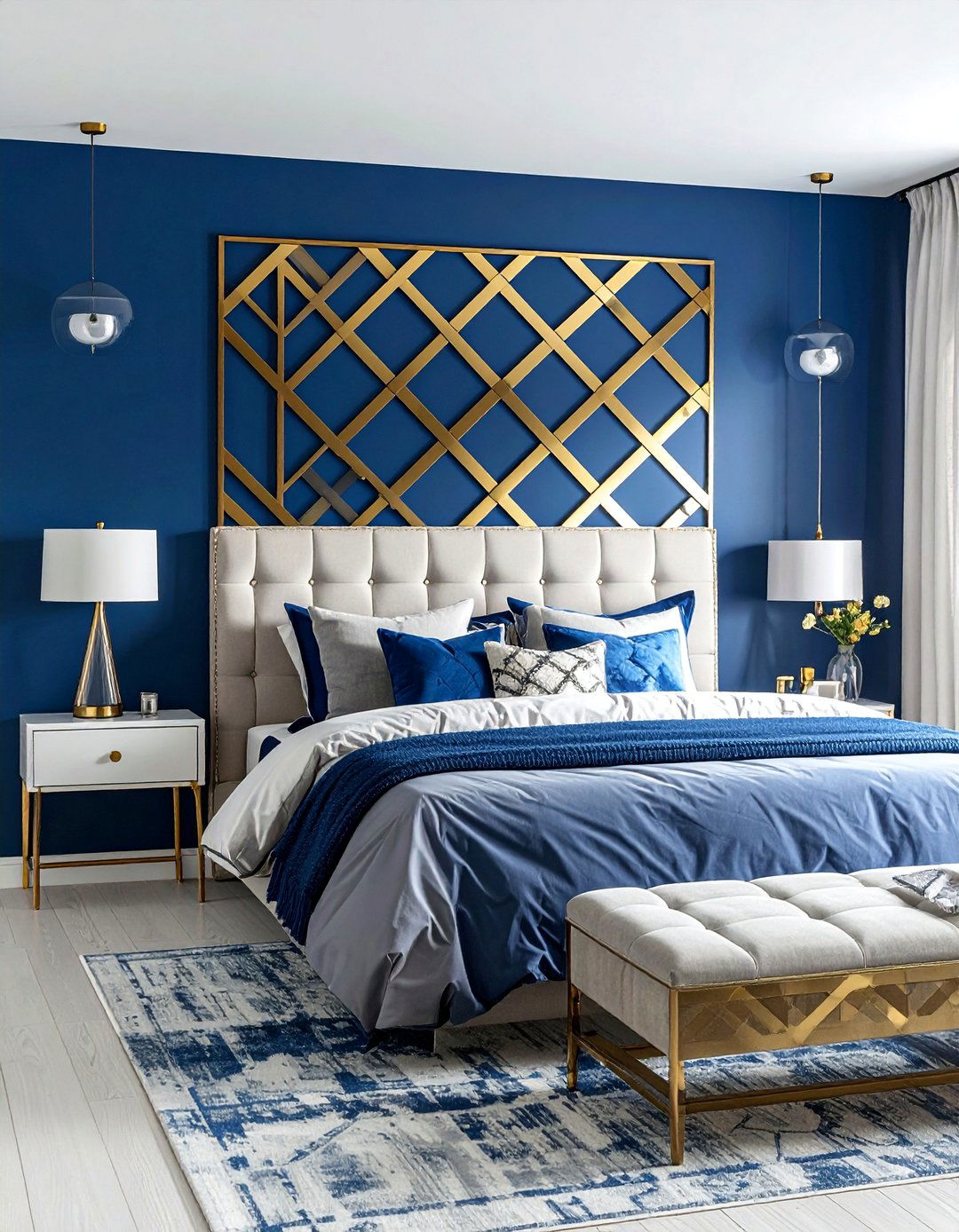Incorporating Gold Metallic Paint Stencils on Blue Walls - 20 Blue and Gold Bedroom Ideas for a Luxurious Look