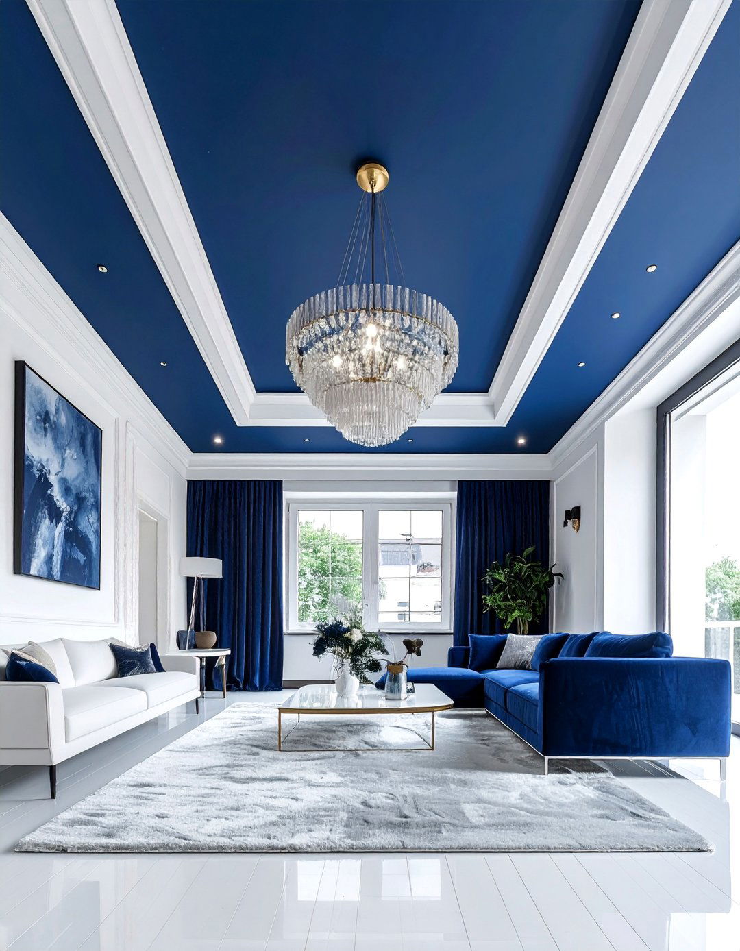 Incorporating Navy Blue Through a Statement Ceiling - 25 Navy Blue Living Room Ideas for a Stylish Space