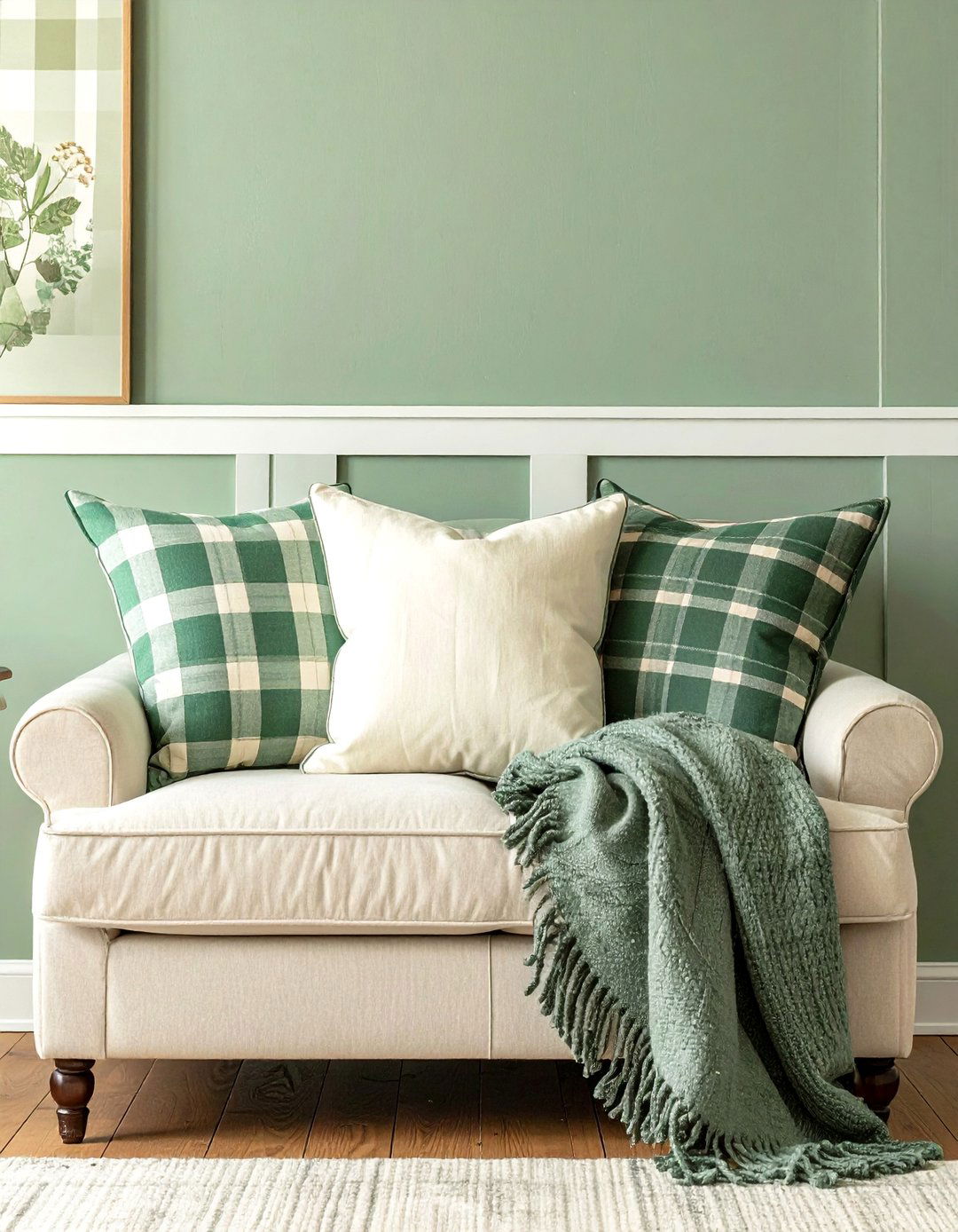 Incorporating Plaid and Gingham Textiles - 25 Rustic Sage Green Living Room Ideas for Serenity
