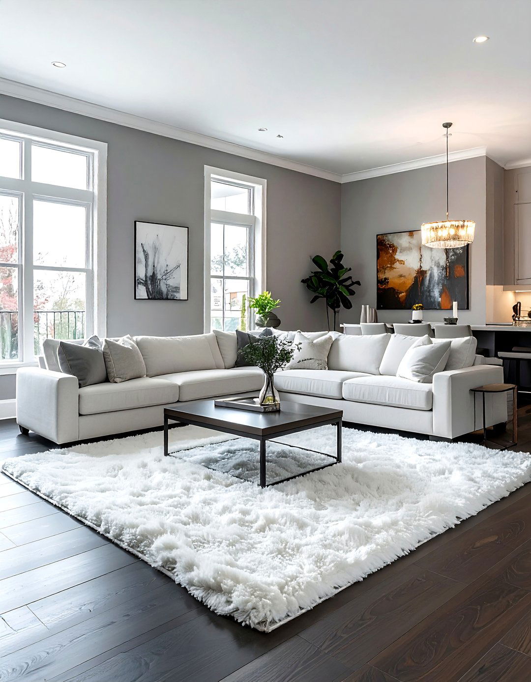 Incorporating a Large White Area Rug - 20 Grey Living Room With Dark Wood Floors Ideas