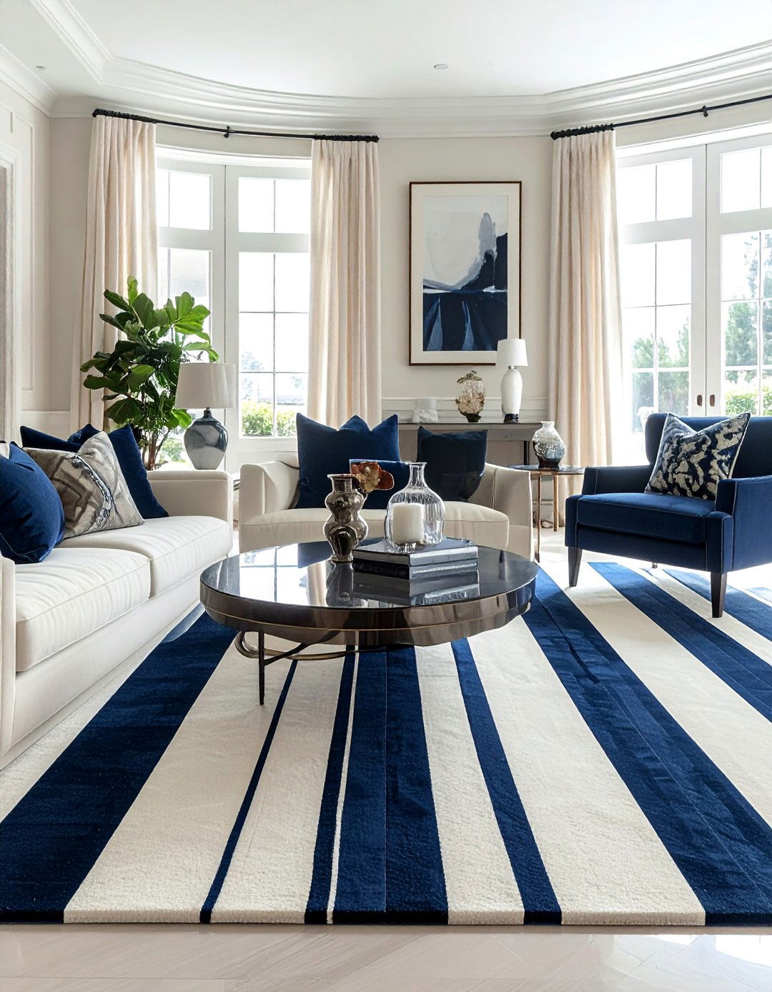 Incorporating a Striped Navy and Cream Area Rug - 25 Navy and Cream Living Room Ideas for Timeless Elegance