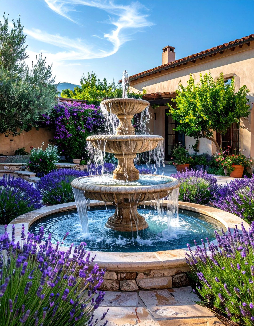 Incorporating a Tiered Water Fountain on a Mediterranean Patio - 25 Mediterranean Patio Ideas for a Relaxing Outdoor Space