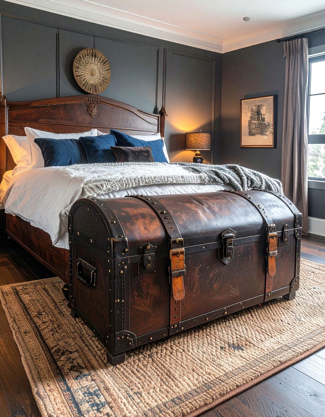 Incorporating a Vintage Trunk as Storage in a Dark Academia Bedroom - 25 Dark Academia Bedroom Ideas for a Moody, Intellectual Look