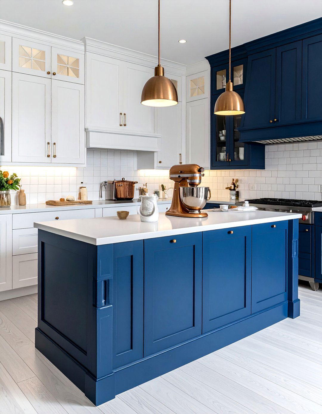 Indigo Blue Island with Beadboard Panels - 30 White Kitchen Cabinets With Blue Island Design Ideas