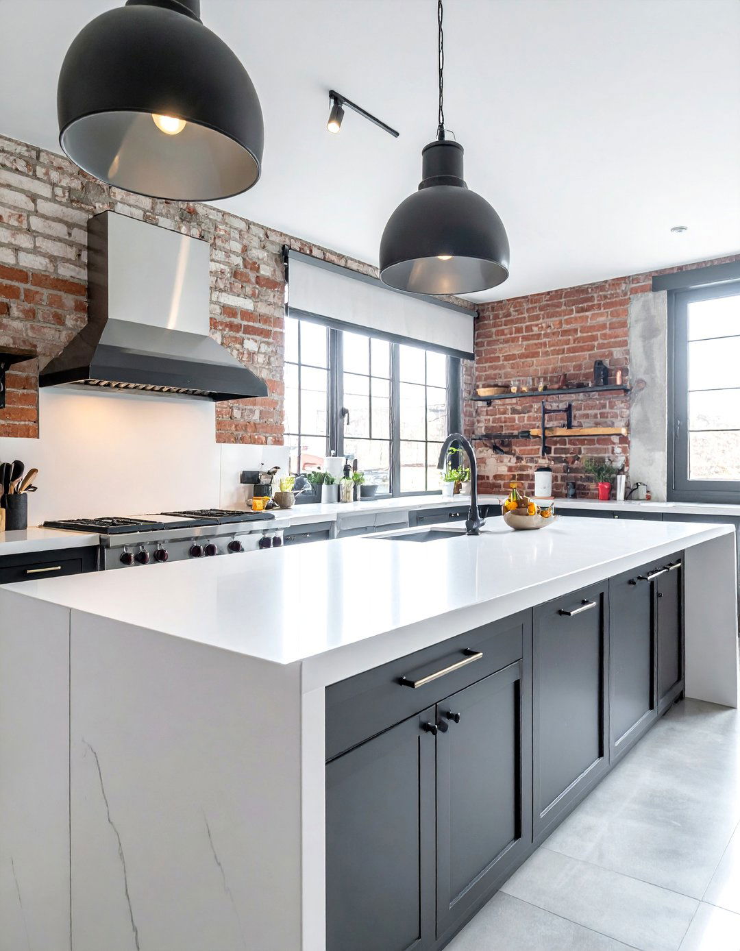 Industrial Black Metal Cabinets with Polished White Concrete Countertops