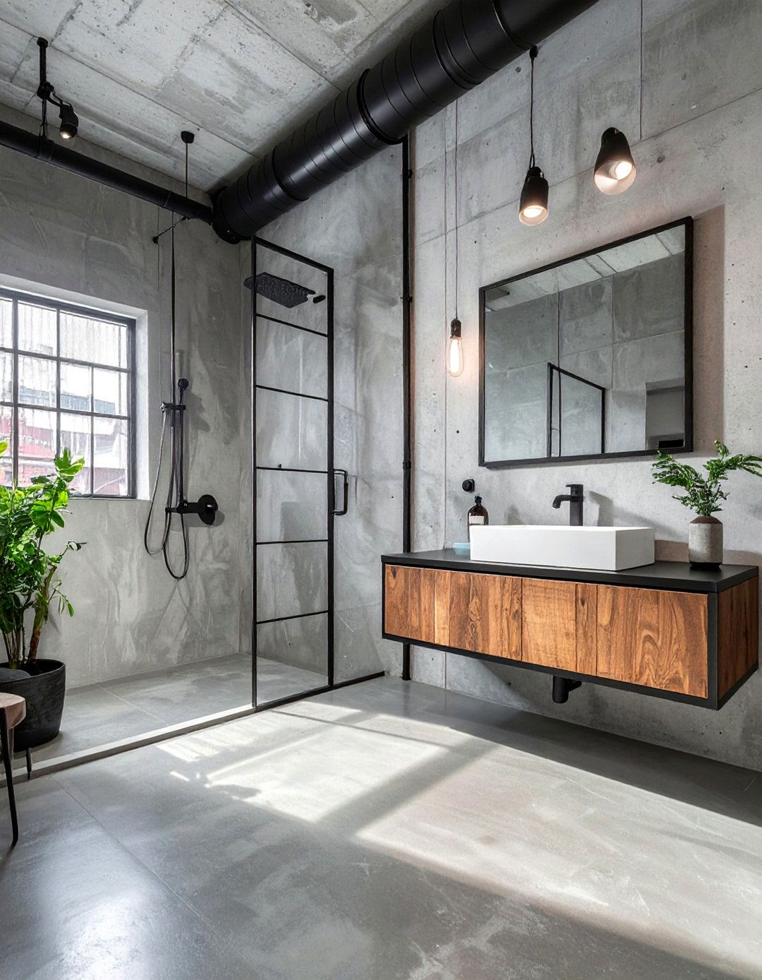 Industrial Gray Concrete Floor Bathroom with Exposed Pipes - 25 Gray Floor Bathroom Ideas for a Modern and Sleek Look