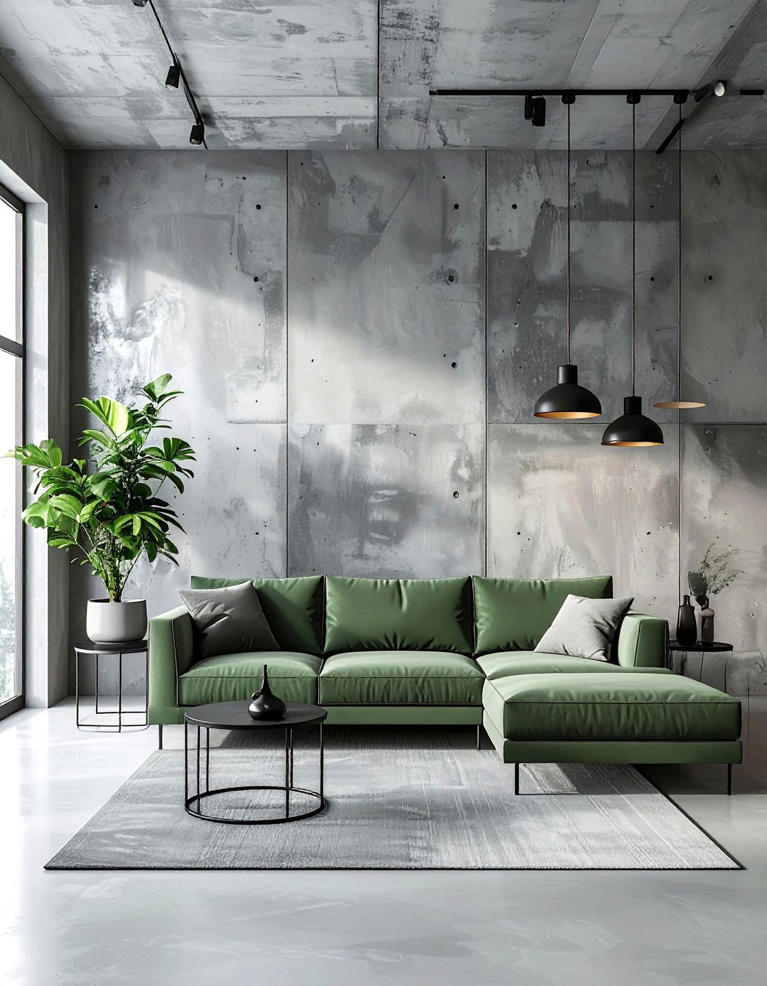 Industrial Living Room with Concrete Grey and Sage - 20 Grey and Sage Green Living Room Ideas