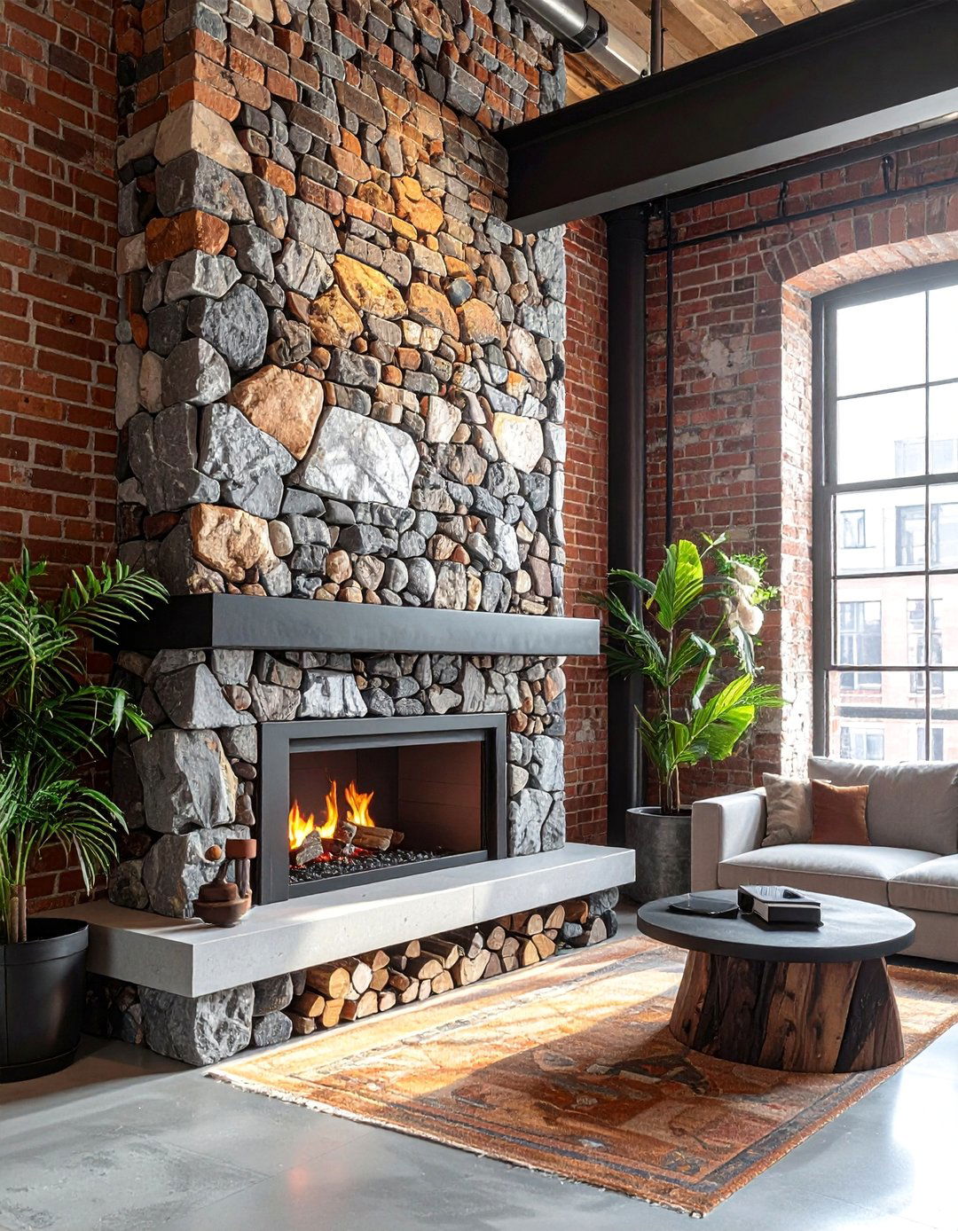 Industrial Loft River Rock Fireplace - 30 Unique River Rock Fireplace Ideas for Cozy Homes