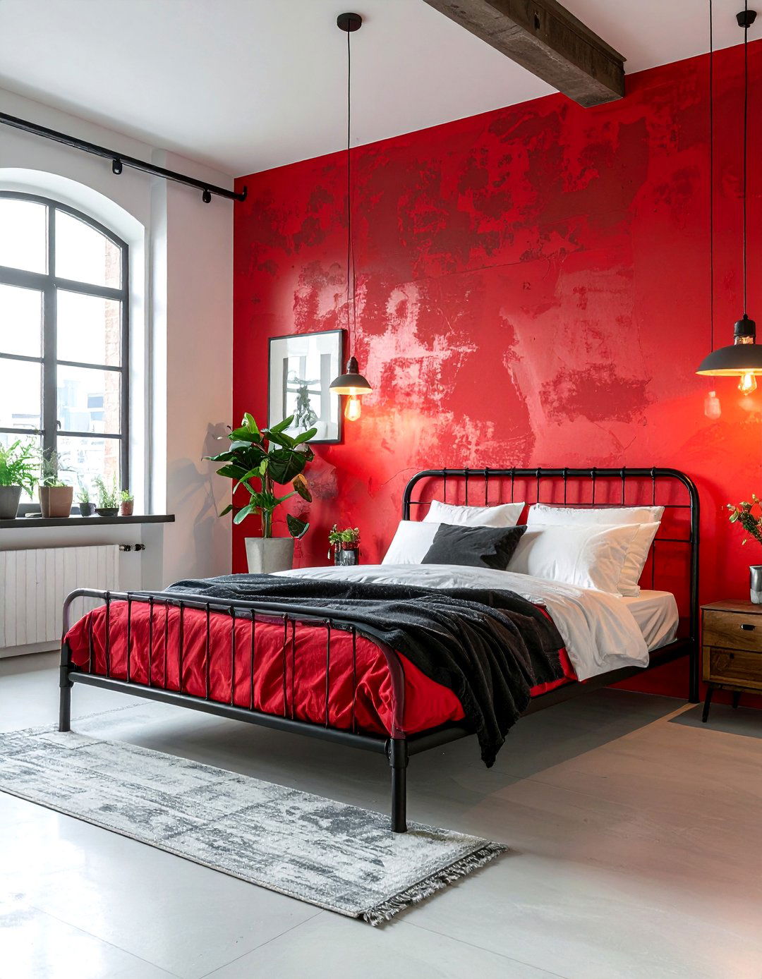 Industrial Red Bedroom with Metal and Concrete - 20 Red Bedroom Ideas to Create a Bold and Cozy Space