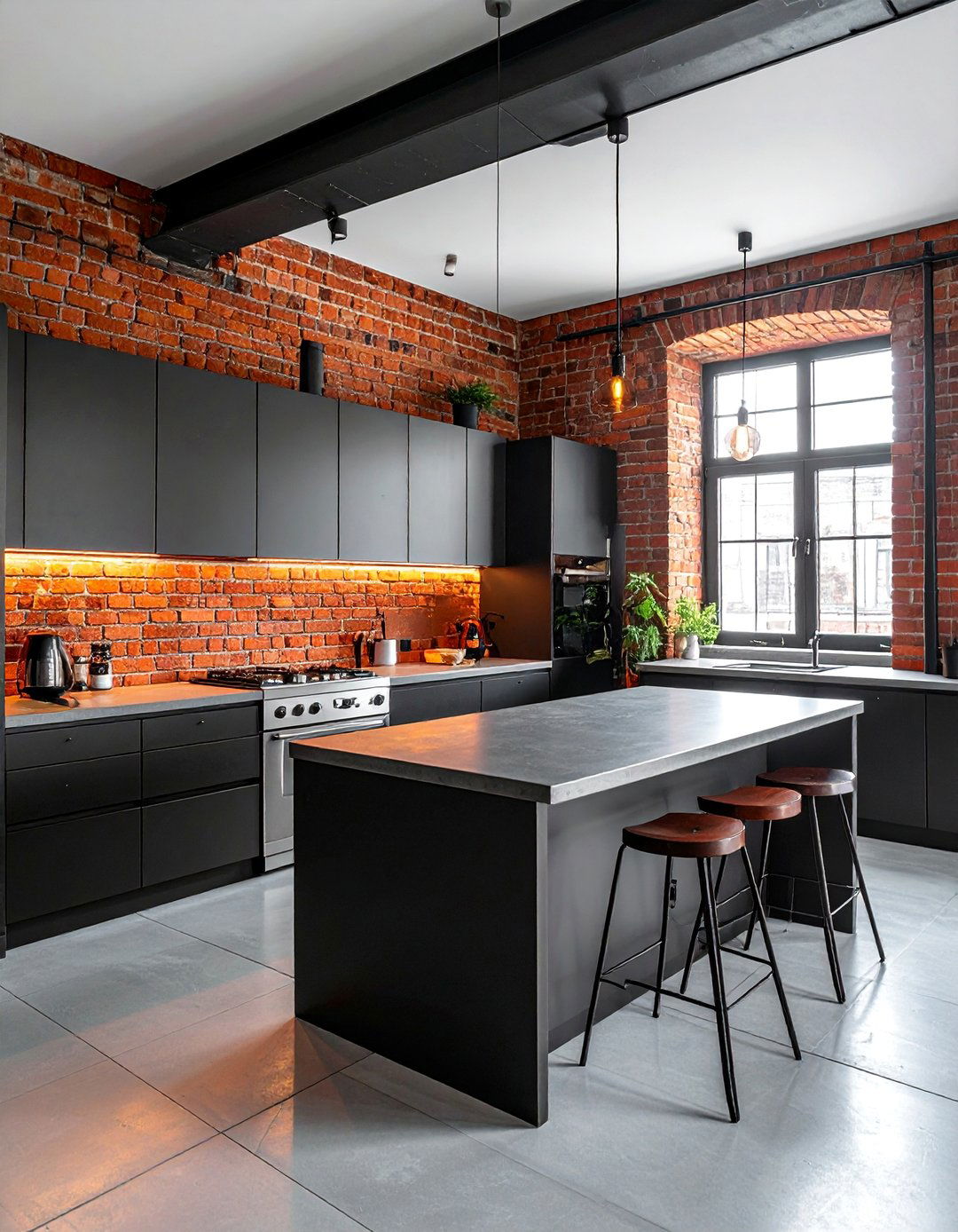 Industrial Red Brick Accent Wall - 25 Red and Black Kitchen Ideas for a Dramatic Flair