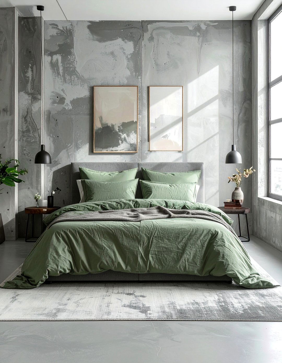 Industrial Style Bedroom with Grey Concrete and Sage Green - 25 Sage Green and Grey Bedroom Ideas for a Relaxing Retreat