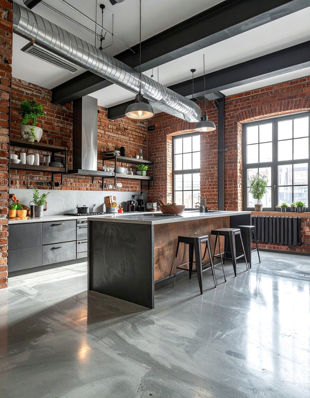 Industrial Style Concrete Floor Kitchen with Exposed Elements - 25 Concrete Floor Kitchen Ideas for a Sleek Look