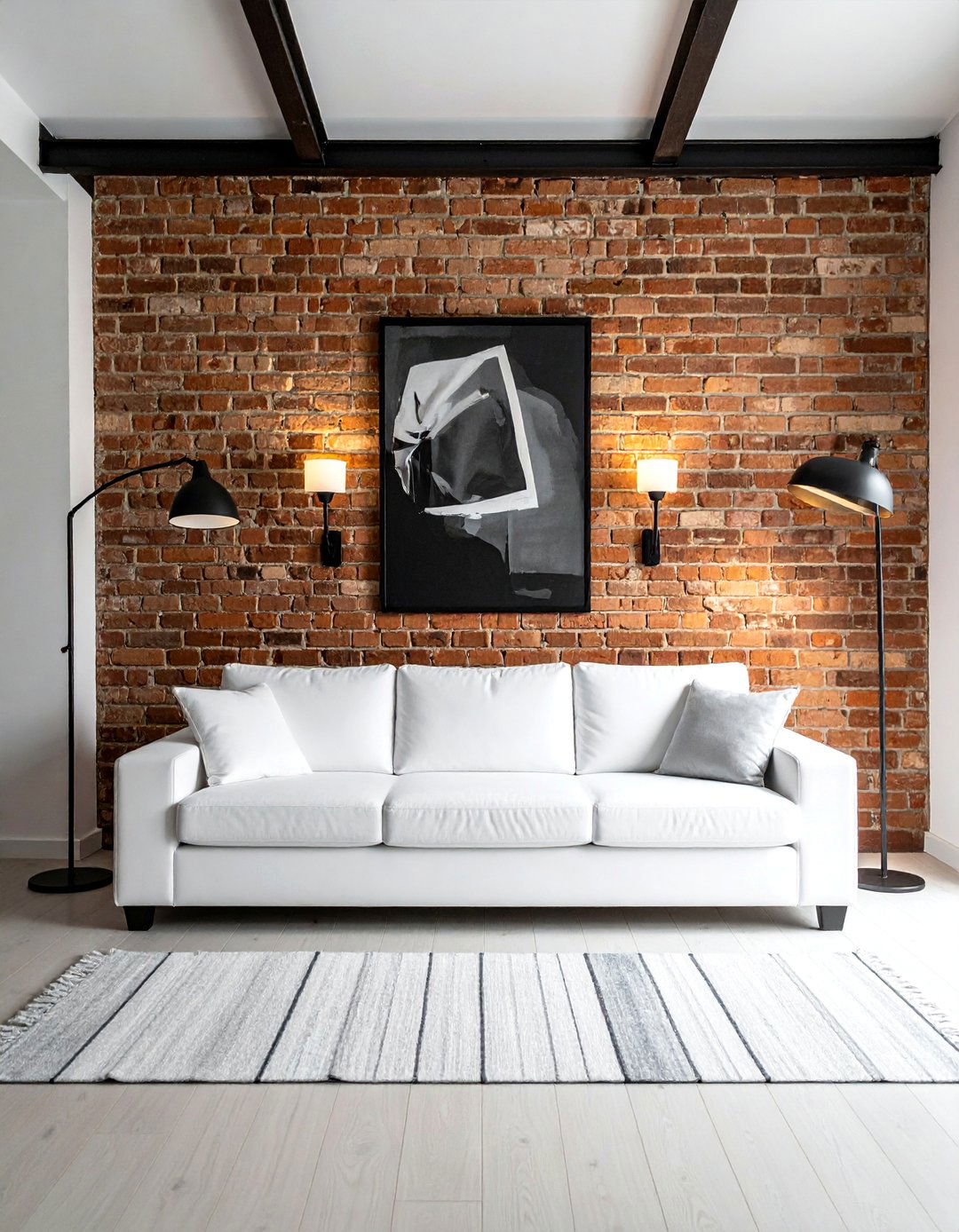 Industrial White Couch Living Room with Exposed Brick - 30 White Couch Living Room Ideas for a Bright Space