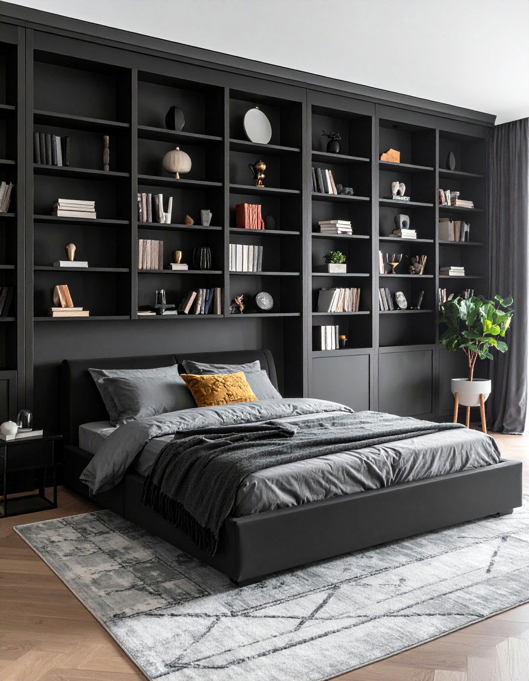 Integrated Dark Bookshelves - 25 Dark Bedroom Ideas for a Cozy and Moody Retreat