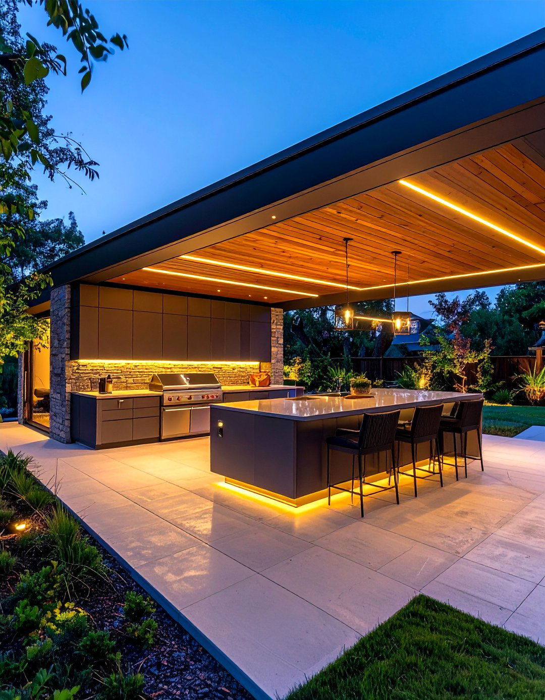 Integrated Lighting Design Features - 25 Covered Outdoor Kitchen Ideas for Year-Round Cooking
